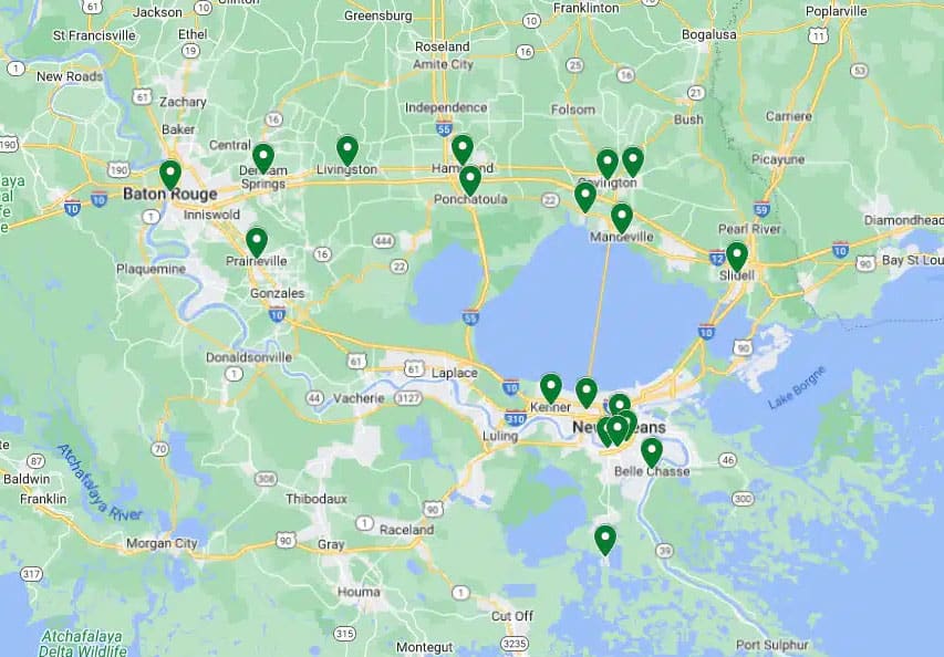 Map of southeastern Louisiana, including Baton Rouge and New Orleans, pinpointing various locations with green markers.
