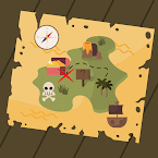 Cartoon pirate treasure map showing a route to a chest marked with a red X, plus a compass, skull, volcano, palm trees, and a ship.